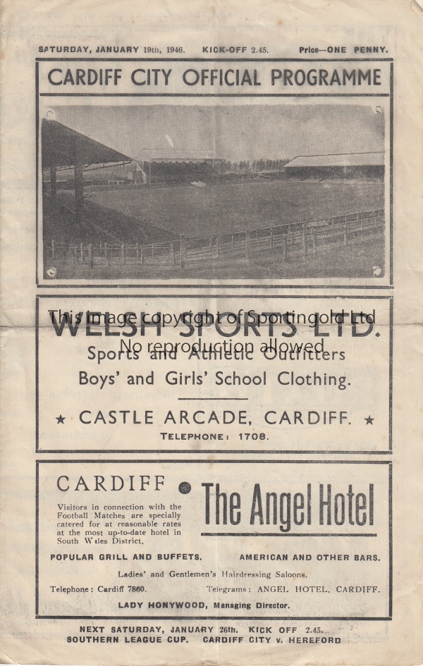 CARDIFF - WATFORD 46 Cardiff home programme v Watford, 19/1/46, Third Division South Cup, fold,