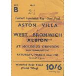 CUP SEMI-FINAL 57 Match ticket, Aston Villa v West Brom, Cup Semi-Final at Molineux, 23/3/57, seat