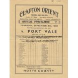 CLAPTON ORIENT 4 Page programme Clapton Orient v Port Vale 8th September 1938. Score and scorer