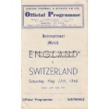 ENGLAND Home programme v Switzerland at Chelsea 11/5/1946, slightly creased and staples removed.