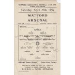 WATFORD - ARSENAL 45 Watford single sheet programme v Arsenal, 21/4/45, fold, pencil changes,