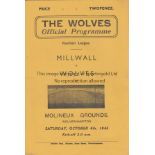 WOLVES - MILLWALL 45 Wolves home programme v Millwall, 6/10/45. Good