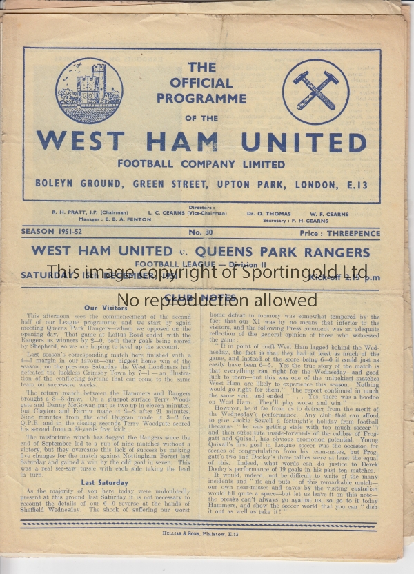 WEST HAM 51-2 Ten West Ham home programmes, 51-52, all League , v QPR, Luton, Hull, Shef Utd,