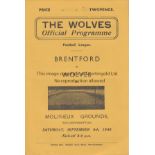 WOLVES - BRENTFORD 45 Wolves four page home programme v Brentford, 8/9/45, slight fold. Good