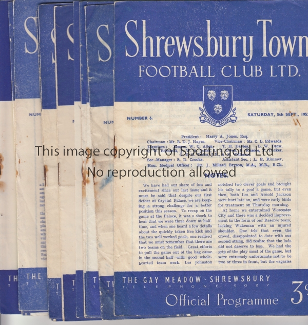 SHREWSBURY 15 Shrewsbury Town home programmes from the 1953/54 season to include v Queen's Park
