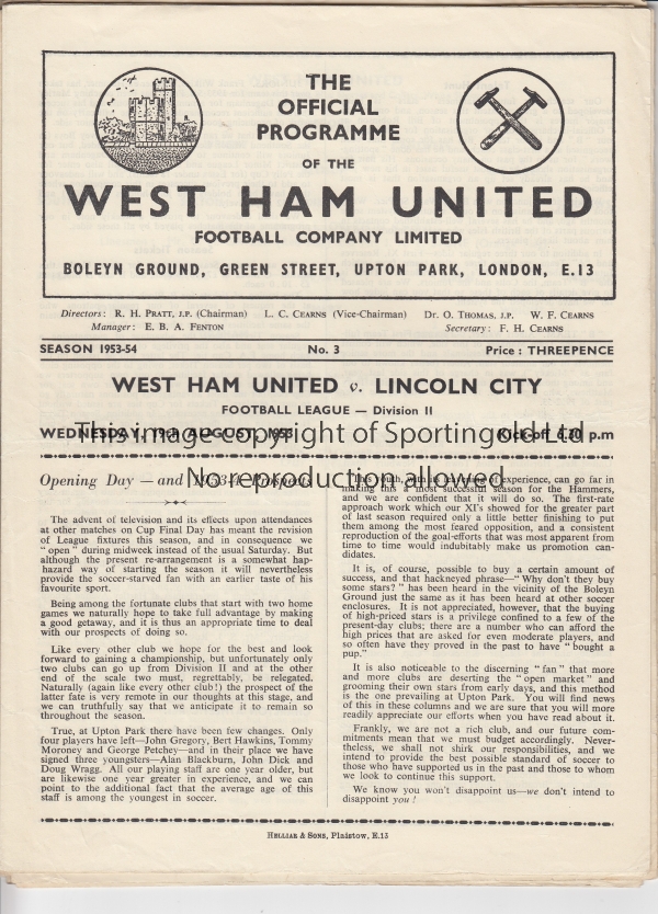 WEST HAM 53-4 Eleven West Ham home programmes, 53-4, all League, v Lincoln, Leicester, Rotherham,