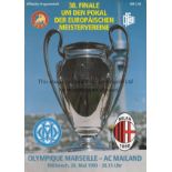 1993 EIROPEAN CUP FINAL Programme for AC Milan v Marseille in Munich. Good