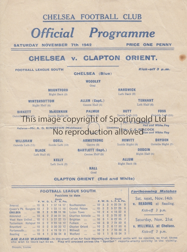 CHELSEA - CLAPTON ORIENT 42 Chelsea home programme v Clapton orient, 7/11/42, slight fold, minor