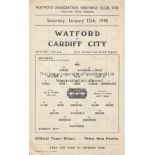 WATFORD - CARDIFF 46 Watford single sheet programme v Cardiff, 12/1/46, Third Division Cup North,