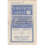 SOUTHEND - BRISTOL CITY1937 Southend home programme v Bristol City, 20/11/1937, tears have been