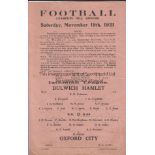 DULWICH - OXFORD CITY 1921 Dulwich Hamlet single sheet programme v Oxford City, 19/11/1921, Isthmian