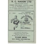 HEADINGTON - MILLWALL 53 Headington United home programme v Millwall, 17/12/53, FA Cup, slight