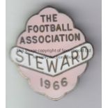 FA 1966 Football Association metal and enamel pin badge, Steward 1966, pink badge with white banner.