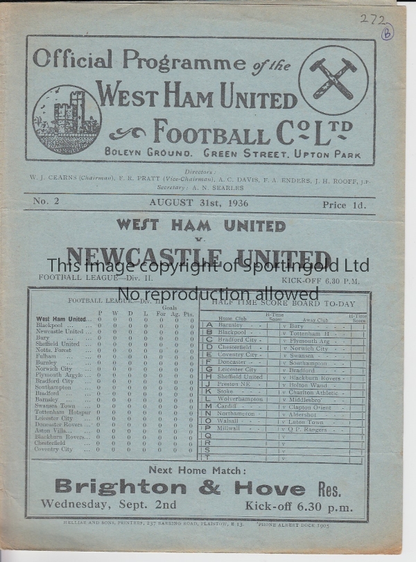 WEST HAM - NEWCASTLE 1936 West Ham home programme v Newcastle 31/8/1936, score , changes noted and