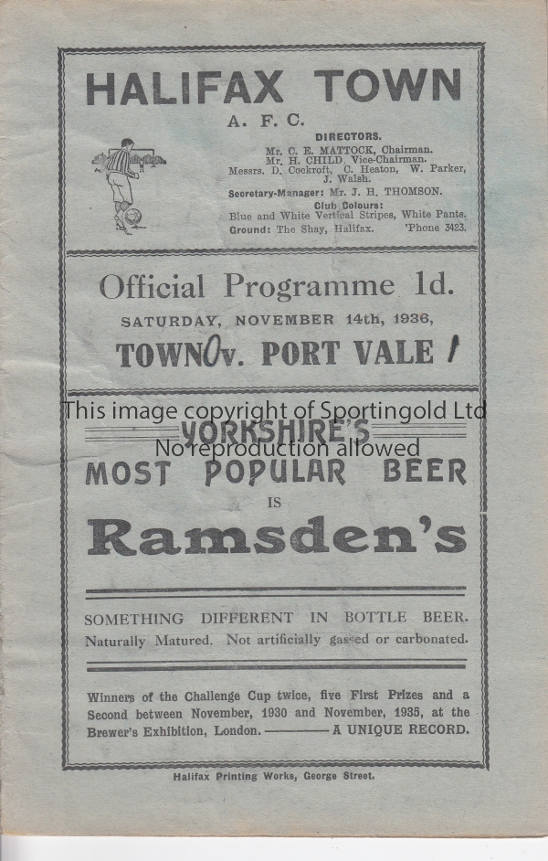 HALIFAX - PORT VALE 1936-7 Halifax Town home programme v Port Vale, 14/11/1936, slight creasing ,