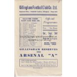 GILLINGHAM - ARSENAL 49 Single sheet Gillingham Reserves home programme v Arsenal "A", 3/9/49,