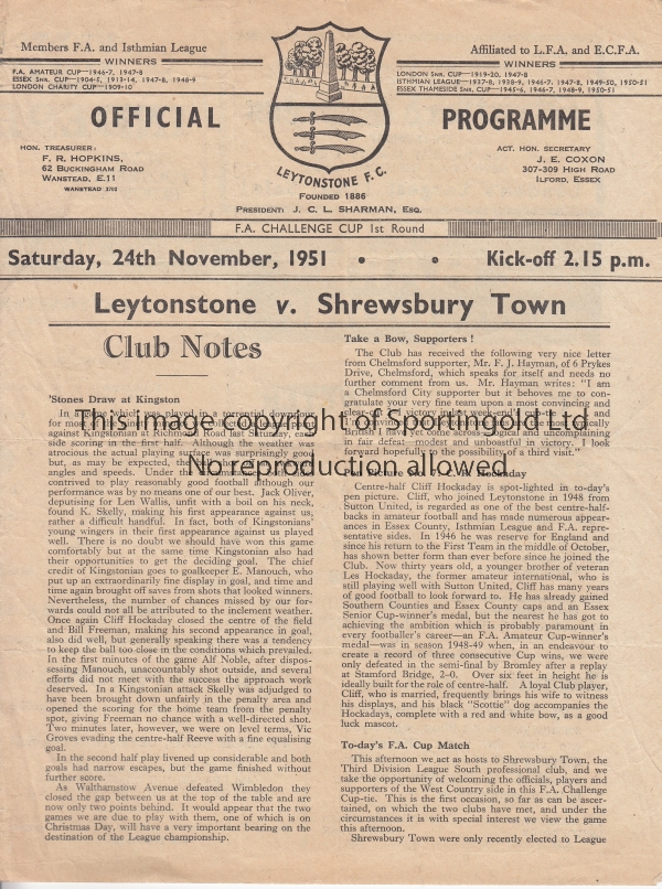 LEYTONSTONE - SHREWSBURY 51 Leytonstone home programme v Shrewsbury, 24/11/51, Cup, Leytonstone