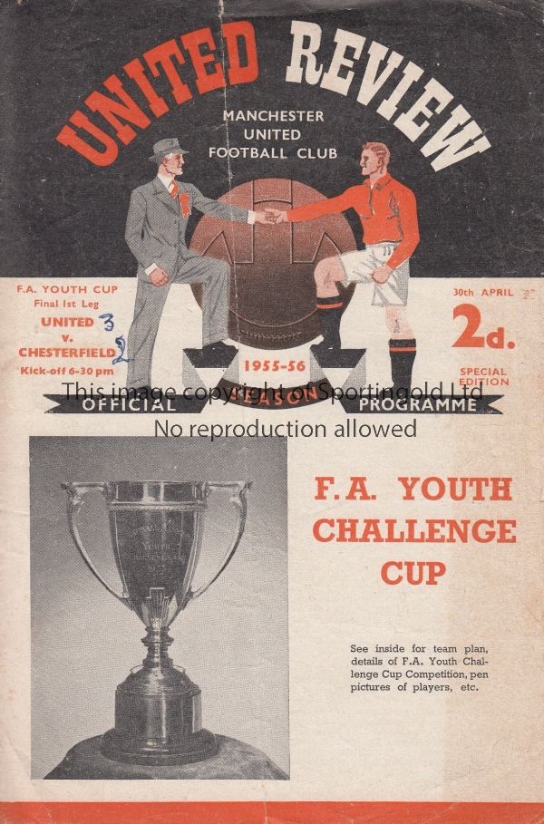 1956 YOUTH CUP FINAL Manchester United home programme v Chesterfield, 30/4/56, Youth Cup Final,