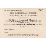 ROTHERHAM UNITED A shareholders Ordinary General Meeting card for 31/7/1930 at Millmoor. Good