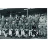 CHELSEA AUTOGRAPHS Two 12" X 8" black & white team groups. 1965/6 signed by Ron Harris, Peter