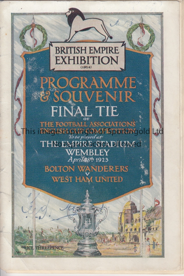 1923 CUP FINAL Official programme, Bolton v West Ham, 1923 FA Cup Final at Wembley, staples removed,