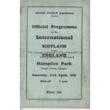 SCOTLAND - ENGLAND 1929 Scarce official programme, Scotland v England, 13/4/1929 at Hampden Park.