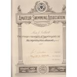 JEAN GILBERT Large certificate 13" x 10" issued by the Amateur Swimming Association to Jean