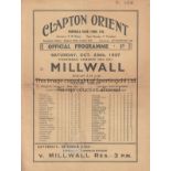 CLAPTON ORIENT - MILLWALL 1937 Clapton Orient home programme v Millwall, 23/10/1937, Division 3