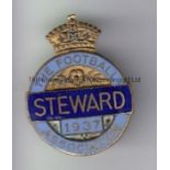 FA 1937 Football Association metal and enamel pin badge, "Steward 1937" light blue with dark blue