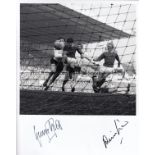 DENIS LAW / GEORGE BEST AUTOGRAPHS A 10" X 8" black & white photograph showing Best scoring