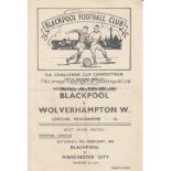 BLACKPOOL - WOLVES 50 Single sheet Blackpool home programme v Wolves, 15/2/50, midweek FA Cup