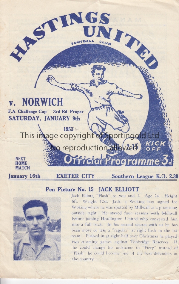 HASTINGS UTD - NORWICH 54 Hastings United home programme v Norwich City, 9/1/54, Cup 3rd Round