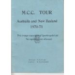 ENGLAND CRICKET Tour player itinerary for the 1970/71 Ashes tour. Unknown signature on inside
