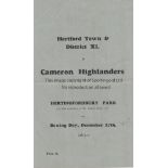 HERTFORD 1945 Programme, Hertford Town and District XI v Cameron Highlanders, 27/12/45, single