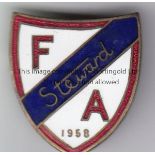 FA 1958 Football Association metal and enamel pin badge, "Steward 1958", red lettering on white