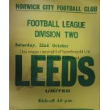 NORWICH CITY V LEEDS UNITED 1960 A 20" X 14" match poster for 22nd October 1960, small paper loss