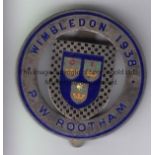 TENNIS - WIMBLEDON 1938 Metal Wimbledon accreditation badge issued to P.W.Rootham who was a tennis