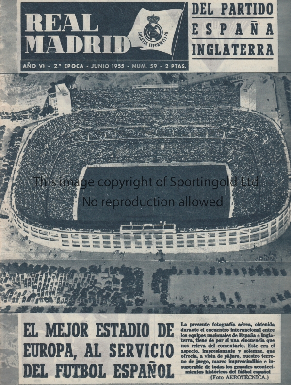 SPAIN - ENGLAND 1955 Copy of Real Madrid monthly magazine, June 1955 with coverage including