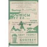 NORWICH / WATFORD Programme Norwich City v Watford 30th August 1947. Some rust at staples. No