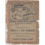 MILLWALL - SHEPPEY UTD 1913 Millwall Reserves home single sheet programme v Sheppey United, 21/4/