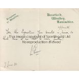 CRICKET Leonard Green (1890-1963), Lancashire 160 matches between 1922-1935, hand written note on