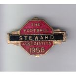 FA 1958 Football Association metal and enamel pin badge, "Steward" 1958, red with black banner and