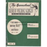 RUGBY 1959 - BRITISH LIONS Programme Australia v British Lions , 6/6/59 in Brisbane. The Lions won