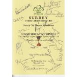SURREY AUTOGRAPHED MENU 2002 Menu and ticket for the Commemorative Dinner for old Surrey players
