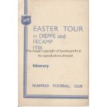 NUNHEAD FOOTBALL CLUB A 6 page fold out card itinerary for the Easter Tour in Dieppe and Fecamp 1936