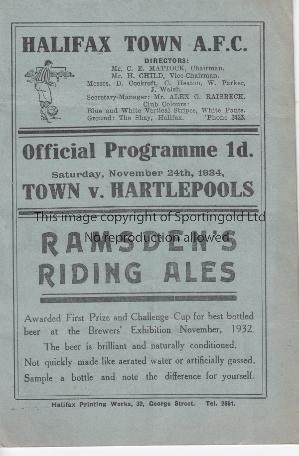 HALIFAX - HARTLEPOOLS 1934 Halifax Town home programme v Hartlepools, 24/11/1934, FA Cup, slight