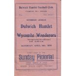 DULWICH HAMLET V WYCOMBE WANDERERS 1934 Programme for the Isthmian League match at Dulwich 14/4/