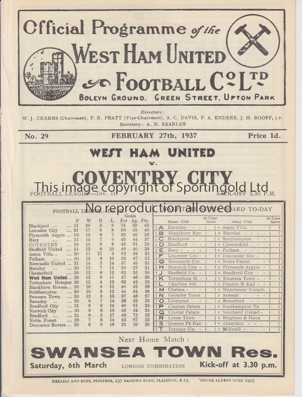 WEST HAM - COVENTRY 1937 West Ham home programme v Coventry, 27/2/1937, white ex bound volume issue.