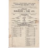 DARLINGTON Single sheet programme Darlington v York City 29th September 1945. Tape. Team changes