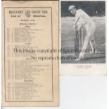 CRICKET A 1936 fixture list at Lord's with a list of the names and addresses of Out-Matches.